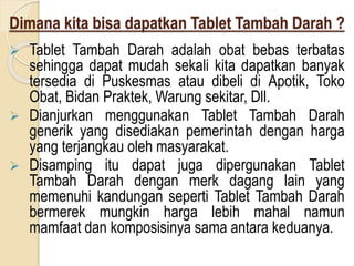 Dimana kita bisa dapatkan Tablet Tambah Darah ?
 Tablet Tambah Darah adalah obat bebas terbatas
sehingga dapat mudah sekali kita dapatkan banyak
tersedia di Puskesmas atau dibeli di Apotik, Toko
Obat, Bidan Praktek, Warung sekitar, Dll.
 Dianjurkan menggunakan Tablet Tambah Darah
generik yang disediakan pemerintah dengan harga
yang terjangkau oleh masyarakat.
 Disamping itu dapat juga dipergunakan Tablet
Tambah Darah dengan merk dagang lain yang
memenuhi kandungan seperti Tablet Tambah Darah
bermerek mungkin harga lebih mahal namun
mamfaat dan komposisinya sama antara keduanya.
 