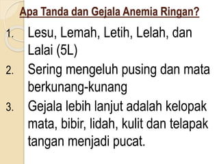 Apa Tanda dan Gejala Anemia Ringan?
1. Lesu, Lemah, Letih, Lelah, dan
Lalai (5L)
2. Sering mengeluh pusing dan mata
berkunang-kunang
3. Gejala lebih lanjut adalah kelopak
mata, bibir, lidah, kulit dan telapak
tangan menjadi pucat.
 