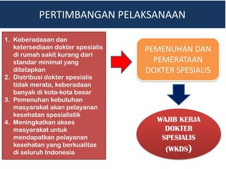 PERTIMBANGAN PELAKSANAAN
1. Keberadaaan dan
ketersediaan dokter spesialis
di rumah sakit kurang dari
standar minimal yang
ditetapkan
2. Distribusi dokter spesialis
tidak merata, keberadaan
banyak di kota-kota besar
3. Pemenuhan kebutuhan
masyarakat akan pelayanan
kesehatan spesialistik
4. Meningkatkan akses
masyarakat untuk
mendapatkan pelayanan
kesehatan yang berkualitas
di seluruh Indonesia
PEMENUHAN DAN
PEMERATAAN
DOKTER SPESIALIS
WAJIB KERJA
DOKTER
SPESIALIS
(WKDS)
 