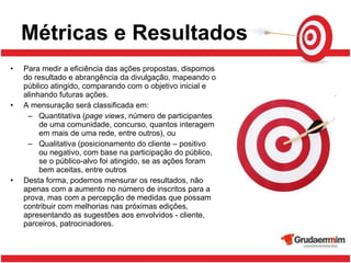 Métricas e Resultados Para medir a eficiência das ações propostas, dispomos do resultado e abrangência da divulgação, mapeando o público atingido, comparando com o objetivo inicial e alinhando futuras ações. A mensuração será classificada em: Quantitativa ( page views , número de participantes de uma comunidade, concurso, quantos interagem em mais de uma rede, entre outros), ou Qualitativa (posicionamento do cliente – positivo ou negativo, com base na participação do público, se o público-alvo foi atingido, se as ações foram bem aceitas, entre outros Desta forma, podemos mensurar os resultados, não apenas com a aumento no número de inscritos para a prova, mas com a percepção de medidas que possam contribuir com melhorias nas próximas edições, apresentando as sugestões aos envolvidos - cliente, parceiros, patrocinadores.  