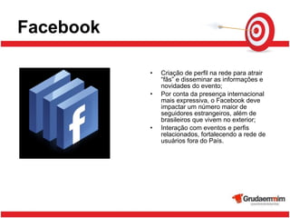 Facebook Criação de perfil na rede para atrair “fãs” e disseminar as informações e novidades do evento; Por conta da presença internacional mais expressiva, o Facebook deve impactar um número maior de seguidores estrangeiros, além de brasileiros que vivem no exterior; Interação com eventos e perfis relacionados, fortalecendo a rede de usuários fora do País.  