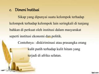 c. Dimeni Institusi 
Sikap yang dipunyai suatu kelompok terhadap 
kelompok terhadap kelompok lain seringkali di tunjang 
bahkan di perkuat oleh institusi dalam masyarakat 
seperti institusi ekonomi dan politik. 
exit 
Contohnya : diskiriminasi atau prasangka orang 
kulit putih terhadap kulit hitam yang 
terjadi di afrika selatan. 
 