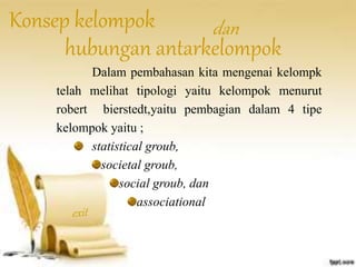 Konsep kelompok 
dan 
hubungan antarkelompok 
Dalam pembahasan kita mengenai kelompk 
telah melihat tipologi yaitu kelompok menurut 
robert bierstedt,yaitu pembagian dalam 4 tipe 
kelompok yaitu ; 
statistical groub, 
societal groub, 
social groub, dan 
associational 
 