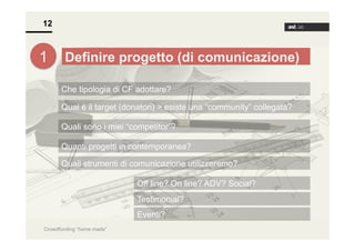 12

1

Definire progetto (di comunicazione)
Che tipologia di CF adottare?
Qual è il target (donatori) > esiste una “community” collegata?
Quali sono i miei “competitor”?
Quanti progetti in contemporanea?
Quali strumenti di comunicazione utilizzeremo?
Off line? On line? ADV? Social?
Testimonial?
Eventi?

Crowdfunding “home made”

 