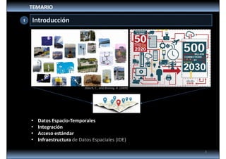 TEMARIO
Introducción
3
1
• Datos Espacio‐Temporales
• Integración
• Acceso estándar
• Infraestructura de Datos Espaciales (IDE)
Stasch, C., and Broring, A. (2009)
 