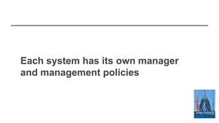 Each system has its own manager
and management policies
 