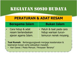 Kegiatan sosio budaya
         PERATURAN & ADAT RESAM
     Beragama Islam                  Bukan Islam
•    Cara hidup & adat         • Patuh & taat pada cara
     resam berlandaskan          hidup warisan turun-
     ajaran agama Islam.         temurun nenek moyang.

    Tuai Rumah: Bertanggungjawab menjaga keselamatan &
    keamanan kwsan serta selesaikan masalah.
    • Hari Gawai / Pesta Menuai / Perayaan ‘Beranyi’
 