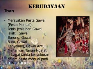 kebudayaan
Iban

• Merayakan Pesta Gawai
  (Pesta Menuai).
• Jenis-jenis hari Gawai
  ialah: Gawai
  Burung, Gawai
  Batu, Gawai
  Kenyalang, Gawai Antu.
• Menarikan Tarian Ngajat
  sebagai tanda kesyukuran
  dalam pesta menuai padi.
 