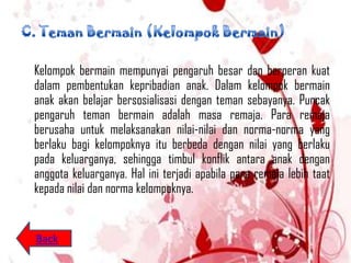 Kelompok bermain mempunyai pengaruh besar dan berperan kuat
dalam pembentukan kepribadian anak. Dalam kelompok bermain
anak akan belajar bersosialisasi dengan teman sebayanya. Puncak
pengaruh teman bermain adalah masa remaja. Para remaja
berusaha untuk melaksanakan nilai-nilai dan norma-norma yang
berlaku bagi kelompoknya itu berbeda dengan nilai yang berlaku
pada keluarganya, sehingga timbul konflik antara anak dengan
anggota keluarganya. Hal ini terjadi apabila para remaja lebih taat
kepada nilai dan norma kelompoknya.


Back
 