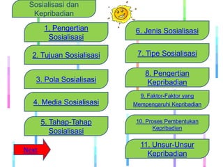 Sosialisasi dan
  Kepribadian
       1. Pengertian      6. Jenis Sosialisasi
        Sosialisasi

  2. Tujuan Sosialisasi    7. Tipe Sosialisasi

                              8. Pengertian
   3. Pola Sosialisasi         Kepribadian
                            9. Faktor-Faktor yang
  4. Media Sosialisasi    Mempengaruhi Kepribadian


       5. Tahap-Tahap      10. Proses Pembentukan
                                  Kepribadian
          Sosialisasi
                            11. Unsur-Unsur
Next
                              Kepribadian
 
