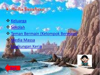  Keluarga
 Sekolah
 Teman Bermain (Kelompok Bermain)
 Media Massa
 Lingkungan Kerja



  Back
 