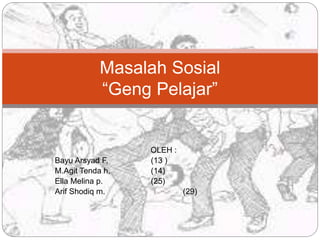 Masalah Sosial 
“Geng Pelajar” 
OLEH : 
Bayu Arsyad F, (13 ) 
M.Agit Tenda h. (14) 
Ella Melina p. (25) 
Arif Shodiq m. (29) 
 