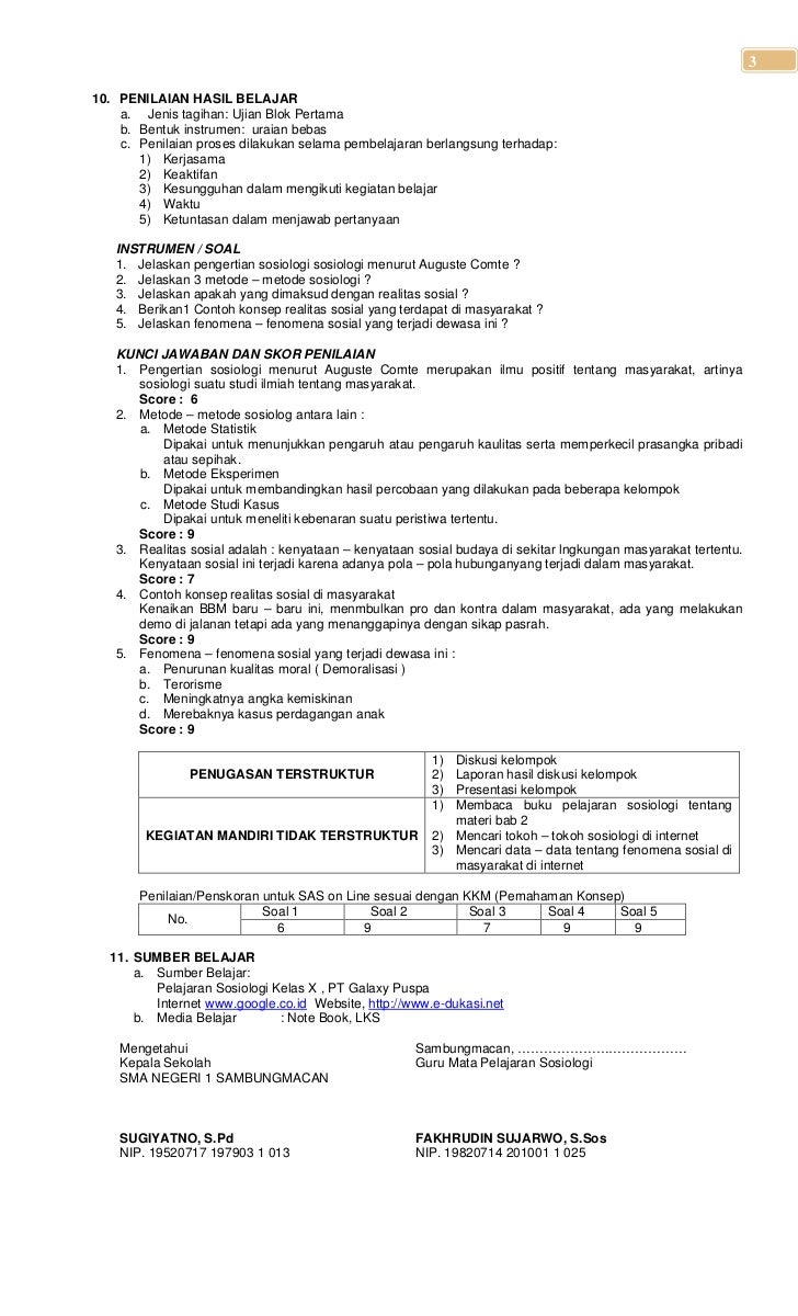 Sosiologi X Rencana Pelaksanaan Pembelajaran Rpp