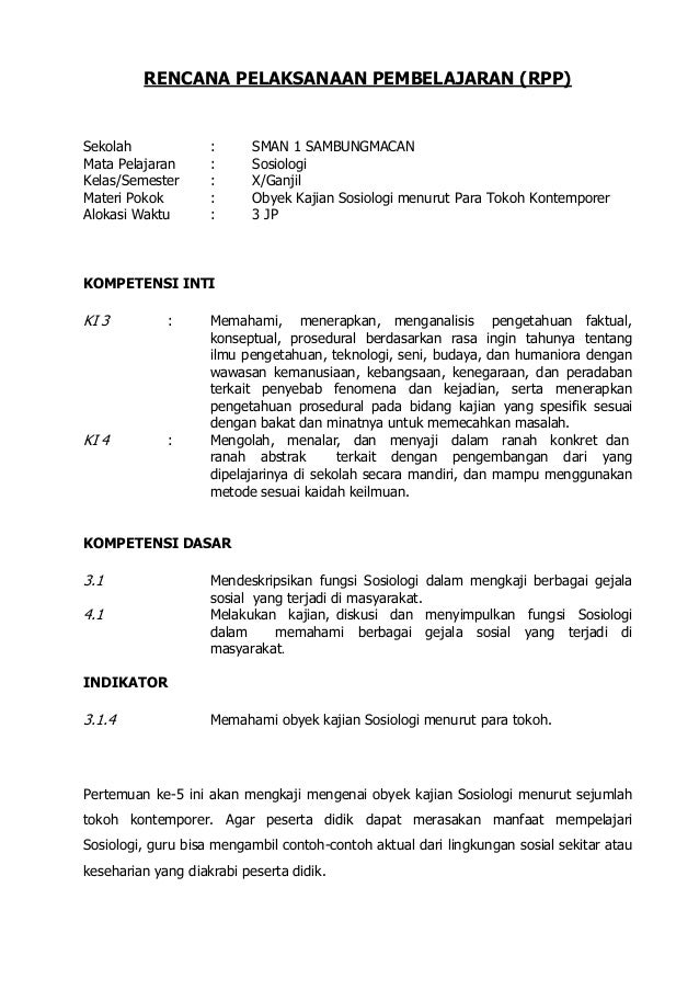 Sosiologi X; RPP (Kurikulum 2013)
