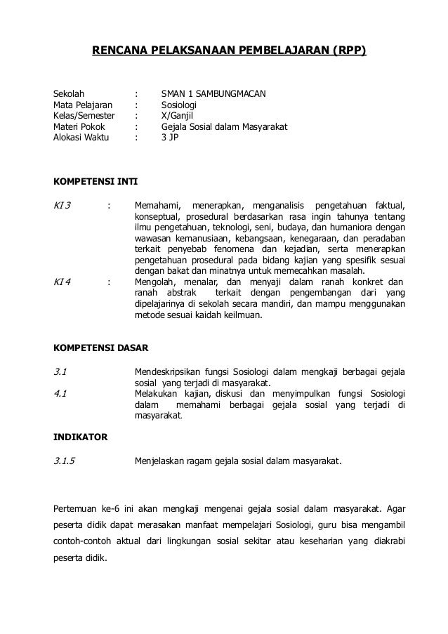 Sosiologi X Rpp Kurikulum 2013