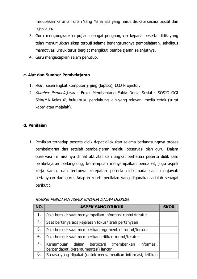 Sosiologi X; RPP (Kurikulum 2013)