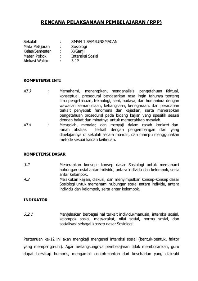 Sosiologi X; RPP (Kurikulum 2013)
