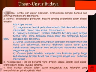 Unsur-Unsur Budaya
1. Bahasa : simbol dan aturan disatukan, dirangkaikan menjadi bahasa dan
akhirnya memiliki arti dan makna.
2. Norma : seperangkat peraturan budaya tentang berperilaku dalam situasi
tertentu.
Ada 4 tipe norma :
1). Usage (cara) :bentuk perbuatan tertentu dilakukan individu dalam
masyarakat namun tidak secara terus-menerus.
2). Folkways (kebiasaan) : bentuk perbuatan berulang-ulang dengan
bentuk yang sama dilakukan secara sadar dan mempunyai tujuan
jelas, dianggap baik dan benar.
3). Mores (tata kelakuan) :sekumpulan perbuatan mencerminkan sifat
hidup dari sekelompok manusia dilakukan secara sadar guna
melaksanakan pengawasan oleh sekelompok masyarakat terhadap
anggota-anggotanya.
4). Custom (adat istiadat) :kumpulan tata kelakuan paling tinggi
kedudukannya bersifat kekal dan terintegrasi sangat kuat terhadap
masyarakat .
3. Kepercayaan : ide-ide bersama yang diyakini secara kolektif oleh orang-
orang dalam suatu budaya tertentu.
4. Nilai :standar abstrak dalam suatu masyarakat atau kelompok yang
mendefinisikan prinsip-prinsip ideal.
 