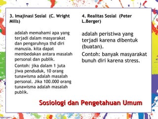 3. Imajinasi Sosial (C. Wright3. Imajinasi Sosial (C. Wright
Mills)Mills)
adalah memahami apa yang
terjadi dalam masyarakat
dan pengaruhnya thd diri
manusia. kita dapat
membedakan antara masalah
personal dan publik.
Contoh: jika dalam 1 juta
jiwa penduduk, 10 orang
tunawisma adalah masalah
personal. Jika 100.000 orang
tunawisma adalah masalah
publik.
4. Realitas Sosial (Peter4. Realitas Sosial (Peter
L.Berger)L.Berger)
adalah peristiwa yang
terjadi karena dibentuk
(buatan).
Contoh: banyak masyarakat
bunuh diri karena stress.
Sosiologi dan Pengetahuan UmumSosiologi dan Pengetahuan Umum
 