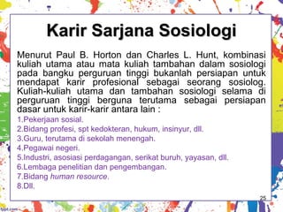 Karir Sarjana SosiologiKarir Sarjana Sosiologi
25
Menurut Paul B. Horton dan Charles L. Hunt, kombinasi
kuliah utama atau mata kuliah tambahan dalam sosiologi
pada bangku perguruan tinggi bukanlah persiapan untuk
mendapat karir profesional sebagai seorang sosiolog.
Kuliah-kuliah utama dan tambahan sosiologi selama di
perguruan tinggi berguna terutama sebagai persiapan
dasar untuk karir-karir antara lain :
1.Pekerjaan sosial.
2.Bidang profesi, spt kedokteran, hukum, insinyur, dll.
3.Guru, terutama di sekolah menengah.
4.Pegawai negeri.
5.Industri, asosiasi perdagangan, serikat buruh, yayasan, dll.
6.Lembaga penelitian dan pengembangan.
7.Bidang human resource.
8.Dll.
 
