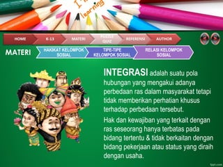 INTEGRASI adalah suatu pola
hubungan yang mengakui adanya
perbedaan ras dalam masyarakat tetapi
tidak memberikan perhatian khusus
terhadap perbedaan tersebut.
Hak dan kewajiban yang terkait dengan
ras seseorang hanya terbatas pada
bidang tertentu & tidak berkaitan dengan
bidang pekerjaan atau status yang diraih
dengan usaha.
MATERI HAKIKAT KELOMPOK
SOSIAL
TIPE-TIPE
KELOMPOK SOSIAL
RELASI KELOMPOK
SOSIAL
 