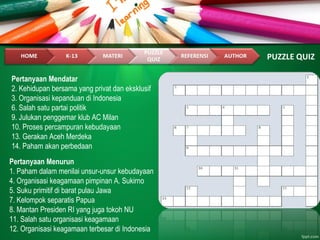 PUZZLE QUIZ
Pertanyaan Mendatar
2. Kehidupan bersama yang privat dan eksklusif
3. Organisasi kepanduan di Indonesia
6. Salah satu partai politik
9. Julukan penggemar klub AC Milan
10. Proses percampuran kebudayaan
13. Gerakan Aceh Merdeka
14. Paham akan perbedaan
Pertanyaan Menurun
1. Paham dalam menilai unsur-unsur kebudayaan
4. Organisasi keagamaan pimpinan A. Sukirno
5. Suku primitif di barat pulau Jawa
7. Kelompok separatis Papua
8. Mantan Presiden RI yang juga tokoh NU
11. Salah satu organisasi keagamaan
12. Organisasi keagamaan terbesar di Indonesia
 