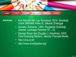 • Kun Maryati dan Juju Suryawati. 2014. Sosiologi
Untuk SMA/MA Kelas XI. Jakarta: Erlangga
• Sunarto, Kamanto. 1993. Pengantar Sosiologi.
Jakarta: Lembaga Penerbit FE – UI.
• George Ritzer dan Douglas J. Goodman. 2003.
Teori Sosiologi Modern. Jakarta: Prenada Media
• http://viva.co.id/
• http://www.id.wikipedia.org/
REFERENSI
 