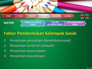 Faktor Pembentukan Kelompok SosialFaktor Pembentukan Kelompok Sosial
1.1. Persamaan genealogis (darah/keturunan)Persamaan genealogis (darah/keturunan)
2.2. Persamaan teritorial (wilayah)Persamaan teritorial (wilayah)
3.3. Persamaan kepercayaanPersamaan kepercayaan
4.4. Persamaan kepentinganPersamaan kepentingan
HAKIKAT KELOMPOK
SOSIAL
TIPE-TIPE
KELOMPOK SOSIAL
RELASI KELOMPOK
SOSIAL
MATERI
 