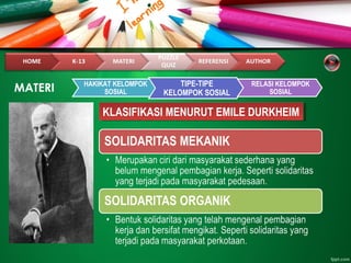 KLASIFIKASI MENURUT EMILE DURKHEIMKLASIFIKASI MENURUT EMILE DURKHEIM
HAKIKAT KELOMPOK
SOSIAL
TIPE-TIPE
KELOMPOK SOSIAL
RELASI KELOMPOK
SOSIALMATERI
 