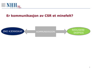 Er kommunikasjon av CSR et minefelt?



                                     REDUSERE
ØKE KJENNSKAP     KOMMUNIKASJON
                                      SKEPSIS




                                                3
 