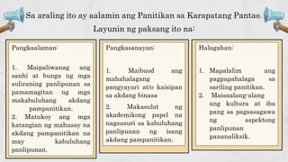 Sa araling ito ay aalamin ang Panitikan sa Karapatang Pantao.
Layunin ng paksang ito na:
Pangkaalaman:
1. Maipaliwanag ang
sanhi at bunga ng mga
suliraning panlipunan sa
pamamagitan ng mga
makabuluhang akdang
pampanitikan.
2. Matukoy ang mga
katangian ng mahusay na
akdang pampanitikan na
may kabuluhang
panlipunan.
Pangkasanayan:
1. Maibuod ang
mahahalagang
pangyayari at/o kaisipan
sa akdang binasa
2. Makasulat ng
akademikong papel na
nagsusuri sa kabuluhang
panlipunan ng isang
akdang pampanitikan.
Halagahan:
1. Mapalalim ang
pagpapahalaga sa
sariling panitikan.
2. Maisaalang-alang
ang kultura at iba
pang sa pagsasagawa
ng aspektong
panlipunan
pananaliksik.
 