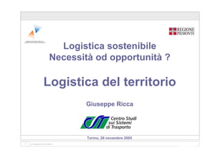 Logistica sostenibile
                        Necessità od opportunità ?

                  Logistica del territorio
                                                            Giuseppe Ricca




                                                            Torino, 28 novembre 2005
1   La logistica del territorio – Torino 28 novembre 2005