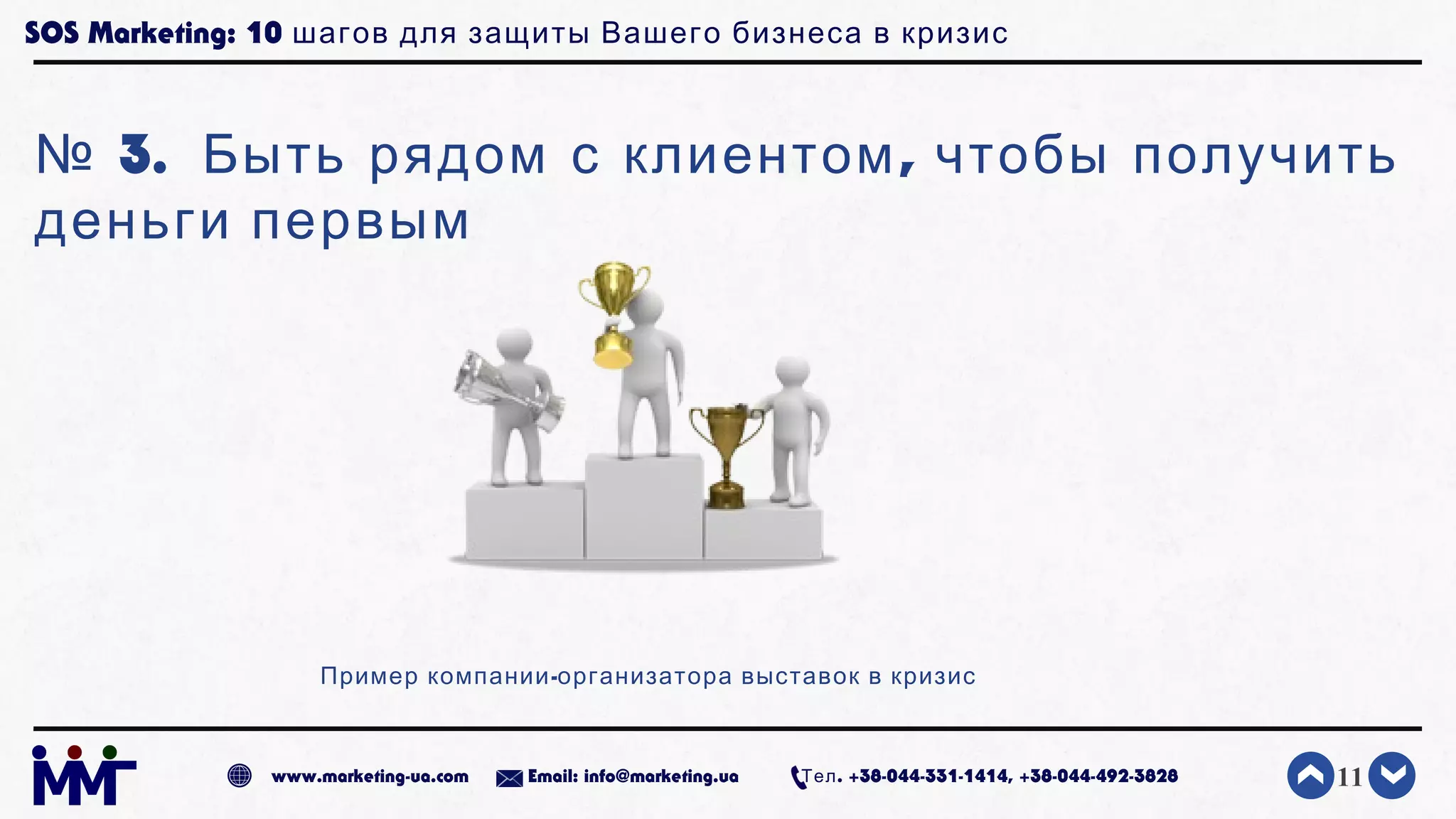 SOS Marketing: 10 шагов для защиты Вашего бизнеса в кризис
№ 3. ,Быть рядом с клиентом чтобы получить
деньги первым
11www.marketing-ua.com Email: info@marketing.ua . +38-044-331-1414, +38-044-492-3828Тел
-Пример компании организатора выставок в кризис
 