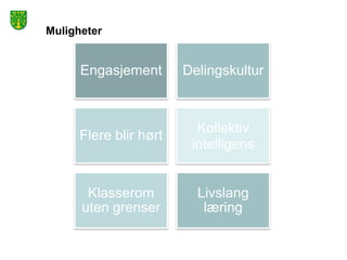 Muligheter


      Engasjement       Delingskultur



                          Kollektiv
      Flere blir hørt
                         intelligens


       Klasserom          Livslang
      uten grenser         læring
 