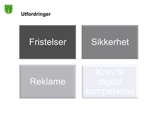 Utfordringer




   Fristelser    Sikkerhet


                  Krav til
   Reklame        digital
                kompetanse
 
