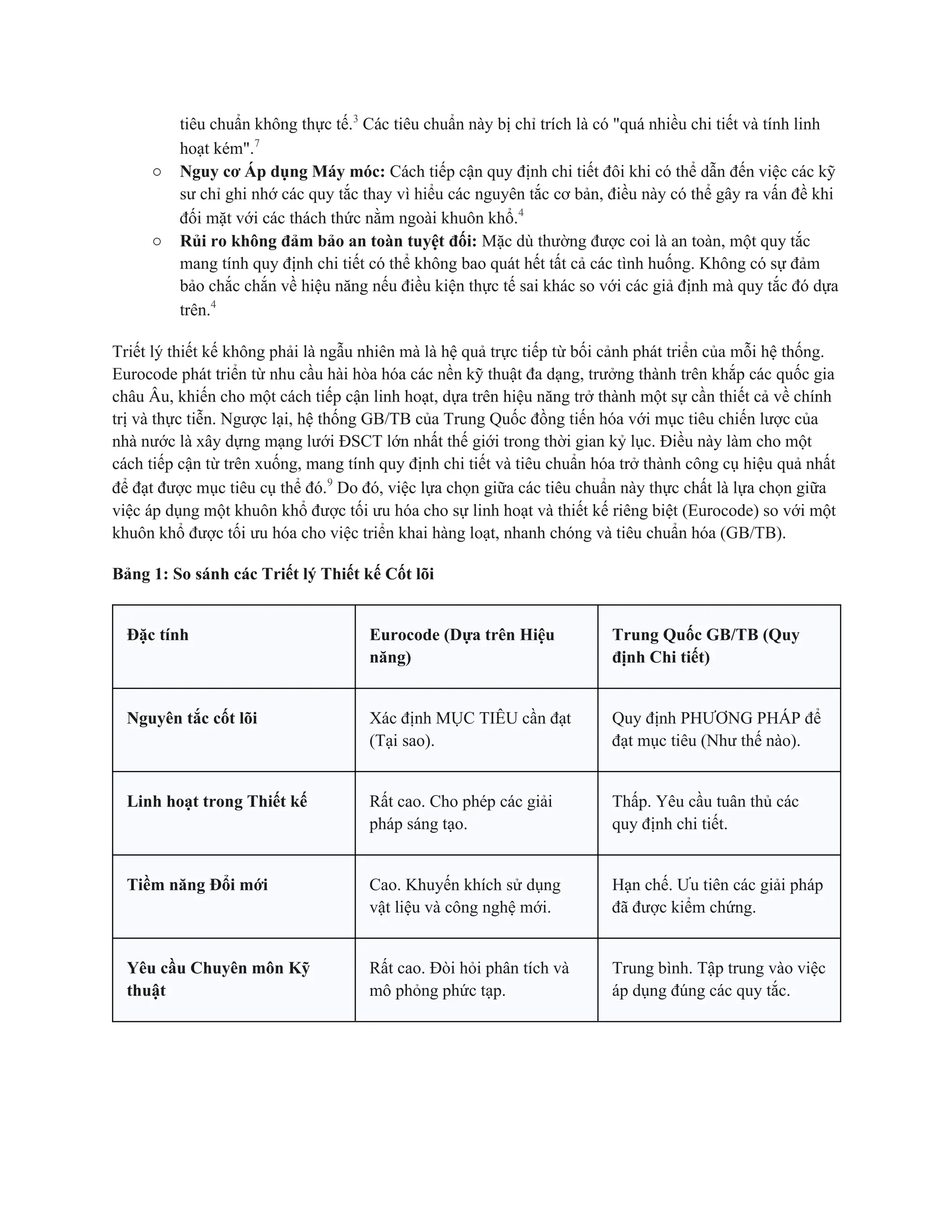 tiêu chuẩn không thực tế.3
Các tiêu chuẩn này bị chỉ trích là có "quá nhiều chi tiết và tính linh
hoạt kém".7
○ Nguy cơ Áp dụng Máy móc: Cách tiếp cận quy định chi tiết đôi khi có thể dẫn đến việc các kỹ
sư chỉ ghi nhớ các quy tắc thay vì hiểu các nguyên tắc cơ bản, điều này có thể gây ra vấn đề khi
đối mặt với các thách thức nằm ngoài khuôn khổ.4
○ Rủi ro không đảm bảo an toàn tuyệt đối: Mặc dù thường được coi là an toàn, một quy tắc
mang tính quy định chi tiết có thể không bao quát hết tất cả các tình huống. Không có sự đảm
bảo chắc chắn về hiệu năng nếu điều kiện thực tế sai khác so với các giả định mà quy tắc đó dựa
trên.4
Triết lý thiết kế không phải là ngẫu nhiên mà là hệ quả trực tiếp từ bối cảnh phát triển của mỗi hệ thống.
Eurocode phát triển từ nhu cầu hài hòa hóa các nền kỹ thuật đa dạng, trưởng thành trên khắp các quốc gia
châu Âu, khiến cho một cách tiếp cận linh hoạt, dựa trên hiệu năng trở thành một sự cần thiết cả về chính
trị và thực tiễn. Ngược lại, hệ thống GB/TB của Trung Quốc đồng tiến hóa với mục tiêu chiến lược của
nhà nước là xây dựng mạng lưới ĐSCT lớn nhất thế giới trong thời gian kỷ lục. Điều này làm cho một
cách tiếp cận từ trên xuống, mang tính quy định chi tiết và tiêu chuẩn hóa trở thành công cụ hiệu quả nhất
để đạt được mục tiêu cụ thể đó.9
Do đó, việc lựa chọn giữa các tiêu chuẩn này thực chất là lựa chọn giữa
việc áp dụng một khuôn khổ được tối ưu hóa cho sự linh hoạt và thiết kế riêng biệt (Eurocode) so với một
khuôn khổ được tối ưu hóa cho việc triển khai hàng loạt, nhanh chóng và tiêu chuẩn hóa (GB/TB).
Bảng 1: So sánh các Triết lý Thiết kế Cốt lõi
Đặc tính Eurocode (Dựa trên Hiệu
năng)
Trung Quốc GB/TB (Quy
định Chi tiết)
Nguyên tắc cốt lõi Xác định MỤC TIÊU cần đạt
(Tại sao).
Quy định PHƯƠNG PHÁP để
đạt mục tiêu (Như thế nào).
Linh hoạt trong Thiết kế Rất cao. Cho phép các giải
pháp sáng tạo.
Thấp. Yêu cầu tuân thủ các
quy định chi tiết.
Tiềm năng Đổi mới Cao. Khuyến khích sử dụng
vật liệu và công nghệ mới.
Hạn chế. Ưu tiên các giải pháp
đã được kiểm chứng.
Yêu cầu Chuyên môn Kỹ
thuật
Rất cao. Đòi hỏi phân tích và
mô phỏng phức tạp.
Trung bình. Tập trung vào việc
áp dụng đúng các quy tắc.
 