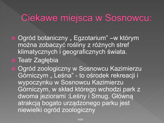  Ogród botaniczny „ Egzotarium” –w którym
można zobaczyć rośliny z różnych stref
klimatycznych i geograficznych świata.
 Teatr Zagłębia
 Ogród zoologiczny w Sosnowcu Kazimierzu
Górniczym „ Leśna” - to ośrodek rekreacji i
wypoczynku w Sosnowcu Kazimierzu
Górniczym, w skład którego wchodzi park z
dwoma jeziorami :Leśny i Smug. Główną
atrakcją bogato urządzonego parku jest
niewielki ogród zoologiczny
WSB
 