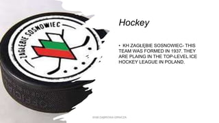 Hockey
• KH ZAGŁĘBIE SOSNOWIEC- THIS
TEAM WAS FORMED IN 1937. THEY
ARE PLAING IN THE TOP-LEVEL ICE
HOCKEY LEAGUE IN POLAND.
WSB DĄBROWA GRNICZA
 