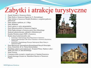 Zabytki i atrakcje turystyczne
 Zamek Sielecki w Sosnowcu Sielcu
 Pałac Dietla w Sosnowcu Pogoni (ul. S. Żeromskiego)
 Pałac Schöna w Sosnowcu Środuli (Środulce) z zespołem parkowo-
pałacowym
 Pałac Schöna z parkiem, ul. 1 Maja
 Pałac Wilhelma
 Dom Ludowy w stylu zakopiańskim
 Dwór Mieroszewskich w Sosnowcu Zagórzu
 Willa Piątkowskiego w Sosnowcu przy ulicy Mireckiego
 Budynek administracyjny zakładów włókienniczych
 Katedra Wniebowzięcia NMP w Sosnowcu
 Bardzo duża liczba kościołów min.
 Kościół pw. Najświętszego Serca Pana Jezusa w Sosnowcu
 Kościół Najświętszego Ciała i Krwi Chrystusa w Sosnowcu Kazimierzu
Górniczym
 Kościół pw. Niepokalanego Poczęcia Najświętszej Maryi Panny w
Sosnowcu Sielcu
 Dom Macierzysty zgromadzenia Karmelitanek Bosych Dzieciątka
Jezus; Sosnowiec, ul. m. Teresy Kierocińskiej
 Parafialna cerkiew prawosławna pw. Świętych Wiery, Nadziei, Luby i
Matki Ich Zofii, ul. Jana Kilińskiego
 Hotel Victoria
 Cmentarze kilku wyznań w zespole przy ul. Smutnej Sosnowcu
 Gmach dawnego Liceum im. Stanisława Staszica w Sosnowcu
Pogoni
WSB Dąbrowa Górnicza
 