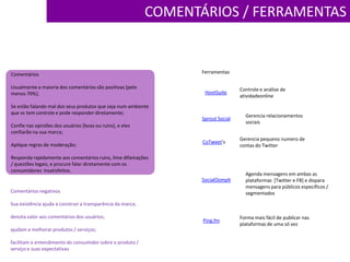 COMENTÁRIOS / FERRAMENTASFerramentasComentáriosUsualmente a maioria dos comentários são positivas [pelo menos 70%];Se estão falando mal dos seus produtos que seja num ambiente que vc tem controle e pode responder diretamente;Confie nas opiniões dos usuários [boas ou ruins], e eles confiarão na sua marca;Aplique regras de moderação;Responda rapidamente aos comentários ruins, lime difamações / questões legais, e procure falar diretamente com os consumidores  insatisfeitos.Controle e análise de atividadeonlineHootSuiteGerenciarelacionamentossociaisSprout SocialGerenciapequenonumero de contas do TwitterCoTweet'sAgenda mensagensemambas as plataformas  [Twitter e FB] e disparamensagensparapúblicosespecíficos / segmentadosSocialOomphComentários negativosSua existência ajuda a construir a transparência da marca; denota valor aos comentários dos usuários; ajudam a melhorar produtos / serviços; facilitam o entendimento do consumidor sobre o produto / serviço e suas expectativasForma maisfácil de publicarnasplataformas de umasóvezPing.fm