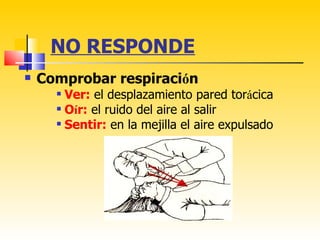 NO RESPONDE
   Comprobar respiración
       Ver: el desplazamiento pared torácica
       Oír: el ruido del aire al salir

       Sentir: en la mejilla el aire expulsado
 