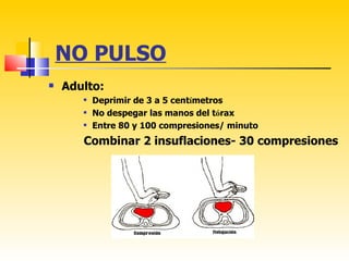 NO PULSO
   Adulto:
          Deprimir de 3 a 5 centímetros
          No despegar las manos del tórax
          Entre 80 y 100 compresiones/ minuto
       Combinar 2 insuflaciones- 30 compresiones
 