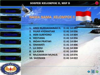 SOSPER KELOMPOK II, MSP B
MATERI
REFERENSI
PENYUSUN
PENUTUP
NK
X
BERANDA
KESIMPULAN
1. ANDI NURHASSANAH H.
2. FAJAR HYGMATIAR
3. HERI SURIYONO
4. HESTIANA
5. INDAH PRATIWI
6. ISNAWATI
7. LA DIDU
8. LA ASRIN
9. MUZAKIRAH MUHLIS
10. SAIDMAN
I1 A1 14 062
I1 A1 14 036
I1 A1 14 004
I1 A1 14 056
I1 A1 14 084
I1 A1 14 006
I1 A1 14 008
I1 A1 14 050
I1 A1 14 076
I1 A1 14 022
 