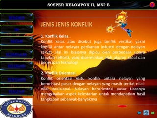SOSPER KELOMPOK II, MSP B
MATERI
REFERENSI
PENYUSUN
PENUTUP
NK
X
BERANDA
KESIMPULAN
1. Konflik Kelas.
Konflik kelas atau disebut juga konflik vertikal, yakni
konflik antar nelayan perikanan industri dengan nelayan
rakyat. Hal ini biasanya dipicu oleh perbedaan upaya
tangkap (effort), yang dicerminkan oleh ukuran kapal dan
penerapan teknologi.
2. Konflik Orientasi.
Konflik orientasi yaitu konflik antara nelayan yang
berorintasi pasar dengan nelayan yang masih terikat nilai-
nilai tradisional. Nelayan berorientasi pasar biasanya
mengabaikan aspek kelestarian untuk mendapatkan hasil
tangkapan sebanyak-banyaknya
 
