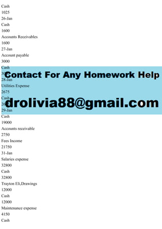Cash
1025
26-Jan
Cash
1600
Accounts Receivables
1600
27-Jan
Account payable
3000
Cash
3000
28-Jan
Utilities Expense
2675
Cash
2675
29-Jan
Cash
19000
Accounts receivable
2750
Fees Income
21750
31-Jan
Salaries expense
32800
Cash
32800
Trayton Eli,Drawings
12000
Cash
12000
Maintenance expense
4150
Cash
 