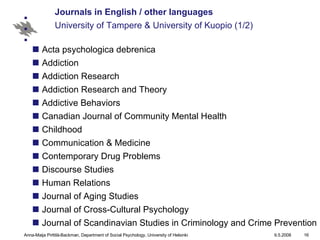 Journals in English / other languages University of Tampere & University of Kuopio (1/2) Acta psychologica debrenica  Addiction  Addiction Research Addiction Research and Theory Addictive Behaviors Canadian Journal of Community Mental Health  Childhood Communication & Medicine Contemporary Drug Problems Discourse Studies Human Relations Journal of Aging Studies Journal of Cross-Cultural Psychology Journal of Scandinavian Studies in Criminology and Crime Prevention  
