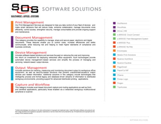 37SOFTWARE SOLUTIONS
SOFTWARE SOLUTIONS
Print Management
Our Print Management Services are designed to help you take control of your fleet of devices and
make smart decisions that will reduce costs, enhance collaboration, manage documents more
efficiently, control access, strengthen security, manage consumables and provide ongoing support
and maintenance.
Document Management
This category provides the capability to manage, share and secure paper, electronic and digital
documents. These features enable you to control costs, increase efficiencies and better
communicate, while reducing risk and helping to meet higher standards of compliance and
business continuity.
Device Management
Includes software-based solutions and services focused on reducing the cost and improving
the return on investment for deploying networked office equipment. Such technologies provide
automated device management–based services and simplify the process of managing and
servicing network-based output devices.
Output Management
Includes solutions for tracking, measuring and monitoring document output to workgroup office
DocRecord
e-BRIDGE Cloud Connect
e-BRIDGE Fleet Management System
e-BRIDGE Plus
e-BRIDGE Re-Rite
Encompass
Mobile Print Solutions
Nuance AutoStore
Nuance Equitrac
PageSmart
PaperCut MF
equipment, as well as security-based solutions that prevent unauthorized access to output
devices and related information. Additional solutions in this category include technologies that
intelligently process and format legacy and database-driven streams of information to distributed
workgroup environments, providing support for advanced distributed printing applications.
Capture and Workflow
This category includes scan-based document capture and routing applications as well as front-
end workflow applications, particularly those enabled via a networked workgroup multifunctional
peripheral or scanner.
Pharos
Printer Logic
Psigen
TopAccess
Toshiba acknowledges and adheres to the strict enforcement of copyright and trademark laws. Listed third-party software and products and
their image identities have registered copyrights, trademarks or service marks which are protected by law. All trademarks and copyrights are the
property of their respective owners.
Drivve | DM
DocuWare
 