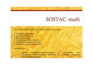 SOSTAC -malli
- Eri   viestintävälineet yhdistävä markkinointiviestinnän strategia:

- 1. Nykytilanne (Situtation)
- 2. Tavoitteet (Objectives)
- 3. Strategia (Strategy)
- 4. Toimintasuunnitelma (Tactics)
- 5. Käytännön toimenpiteet (Action)
- 6. Mittaaminen ja valvonta (Control)


-  Sudenkuoppa:


              SOS-osa    (nykytilanne-tavoitteet-strategia)     on   toivomuslista,  joka
              epäonnistuu yksityiskohtaisen, valvottavan        ja mitattavan toteutuksen
              (TAC-osa) yhdistämisessä.
 