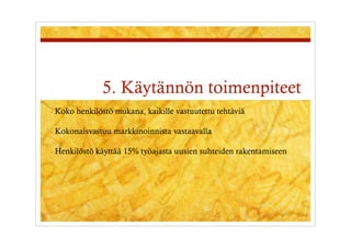 5. Käytännön toimenpiteet
-  Koko   henkilöstö mukana, kaikille vastuutettu tehtäviä

-  Kokonaisvastuu   markkinoinnista vastaavalla

-  Henkilöstö   käyttää 15% työajasta uusien suhteiden rakentamiseen
 