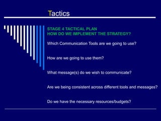 Tactics
STAGE 4 TACTICAL PLAN
HOW DO WE IMPLEMENT THE STRATEGY?
Which Communication Tools are we going to use?
How are we going to use them?
What message(s) do we wish to communicate?
Are we being consistent across different tools and messages?
Do we have the necessary resources/budgets?
 